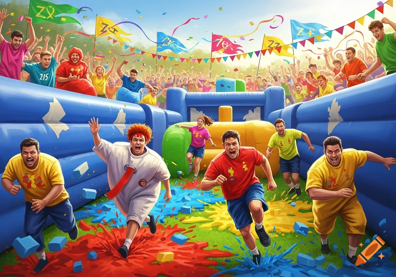People in colorful clothes enthusiastically run through an inflatable obstacle course, splashing in colorful liquid and surrounded by a cheering crowd and festive flags under a bright sky, in a vibrant, cartoonish style.
