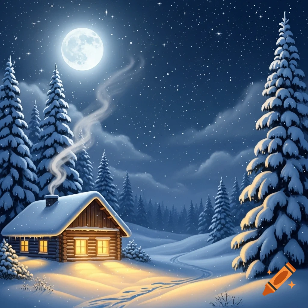 A cozy wooden cabin covered in snow with glowing windows, surrounded by snow-laden pine trees under a full moon in a starry night sky.