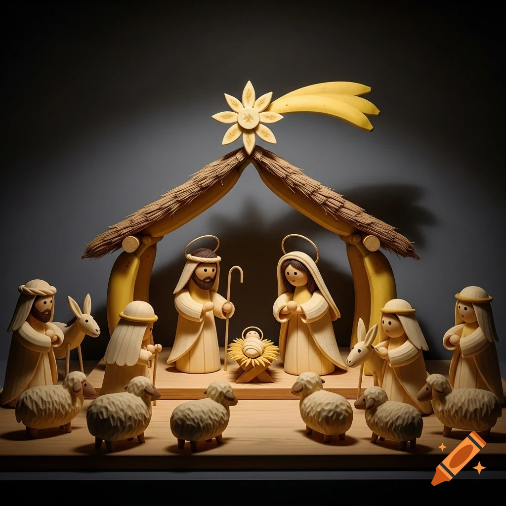 A detailed nativity scene depicting figures, a stable, a star, and sheep, all meticulously crafted from bananas and banana peels.