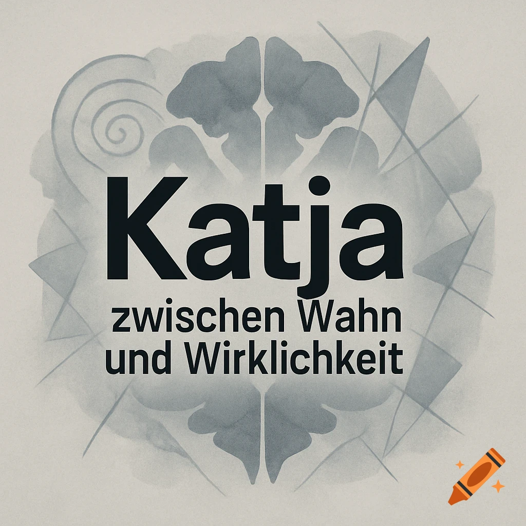 Abstract logo featuring text 'Katja zwischen Wahn und Wirklichkeit' on a gray, stylized background with brain-like shapes and lines.