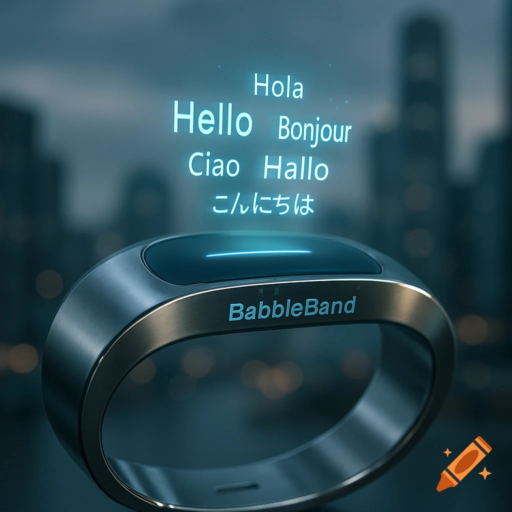 A sleek metallic 'BabbleBand' bracelet with holographic text displaying 'Hello' in various languages over a blurred city background.