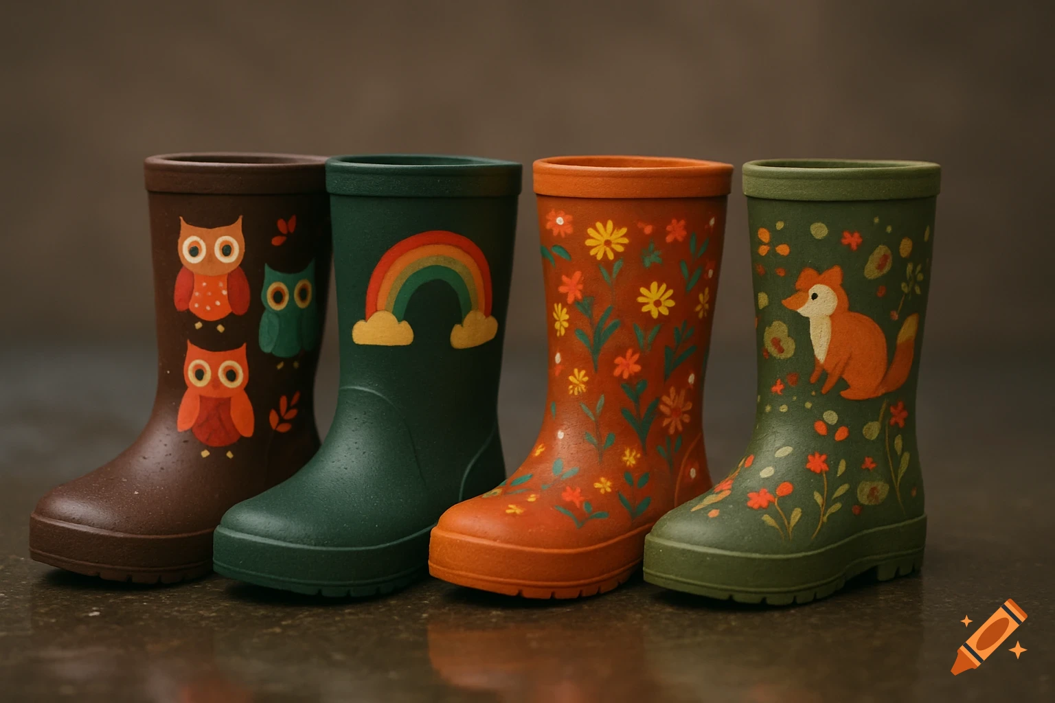 Four colorful children's rain boots with designs including owls, a rainbow, flowers, and a fox.