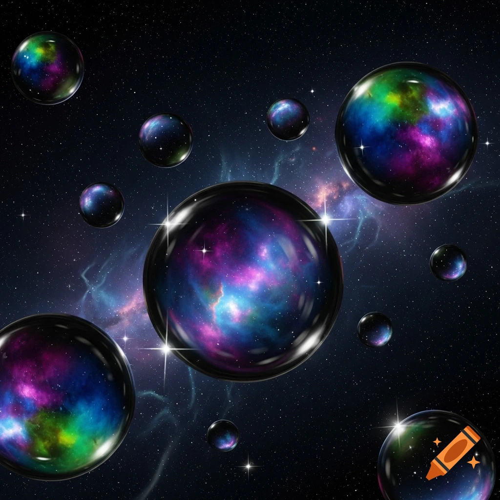 Multiple shimmering, dark-edged bubbles float in deep space, each containing vibrant, swirling galaxies of purple, blue, and green light.