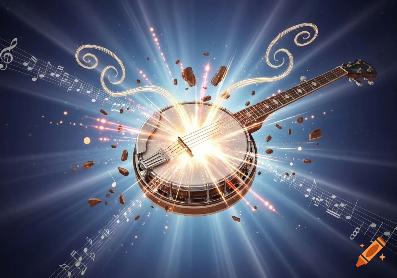 A banjo explodes with bright light, surrounded by glowing music notes, sparks, and floating debris on a blue background.