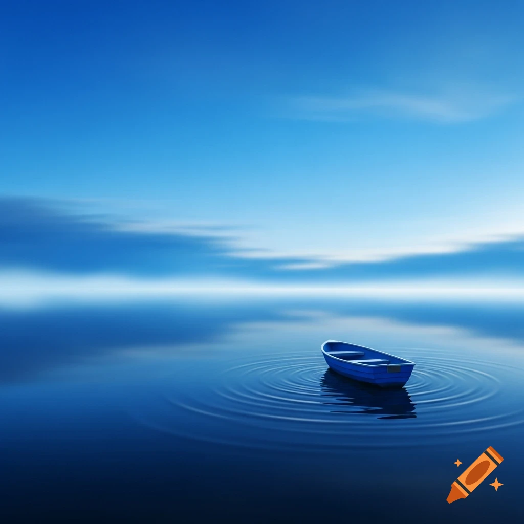 A blue rowboat floats in the center of a calm, dark blue lake, surrounded by subtle ripples. A light blue sky with soft, blurred clouds is above.