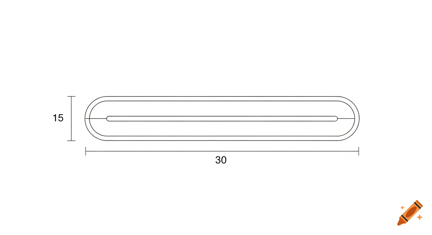 A 2D technical drawing of an oblong shape, 30 units long and 15 units wide, with dimension lines on a white background.
