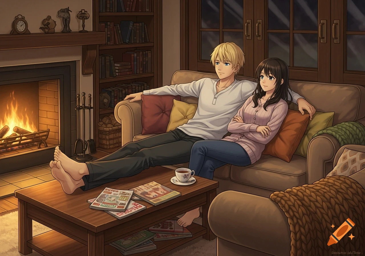 A blonde man and brunette woman relax on a sofa by a fireplace, feet on a coffee table, in an anime style.