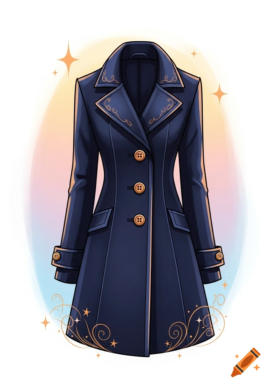 A stylized dark blue long coat with gold buttons and decorative gold embroidery, set against a soft colorful background in a clipart style.