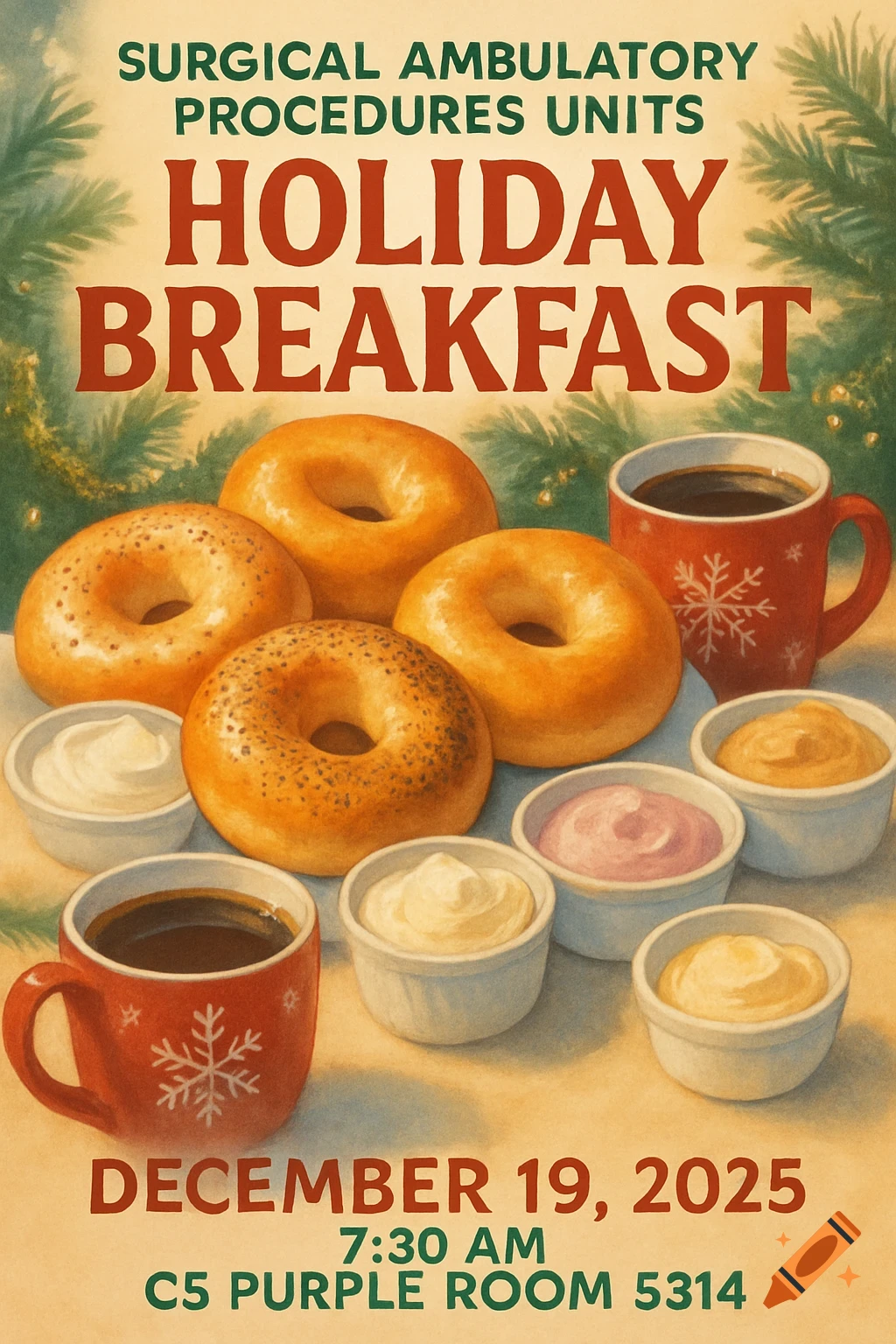 A holiday breakfast poster with bagels, cream cheese, and coffee mugs, framed by pine branches. The poster announces "HOLIDAY BREAKFAST" for "SURGICAL AMBULATORY PROCEDURES UNITS" on "DECEMBER 19, 2025" at "7:30 AM" in "C5 PURPLE ROOM 5314".