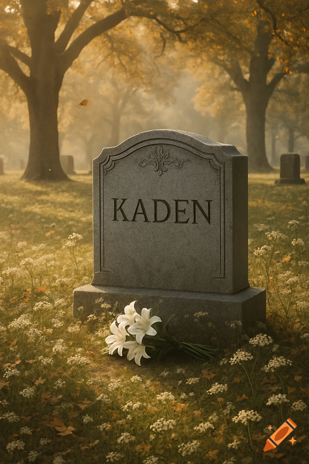 Photorealistic image of a tombstone with the name KADEN on it, surrounded by white flowers and autumn leaves in a misty cemetery.