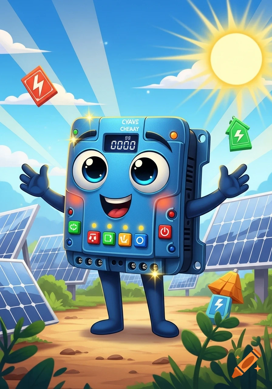 A whimsical blue cartoon solar charge controller character smiles among solar panels under a bright sun, with energy icons floating.