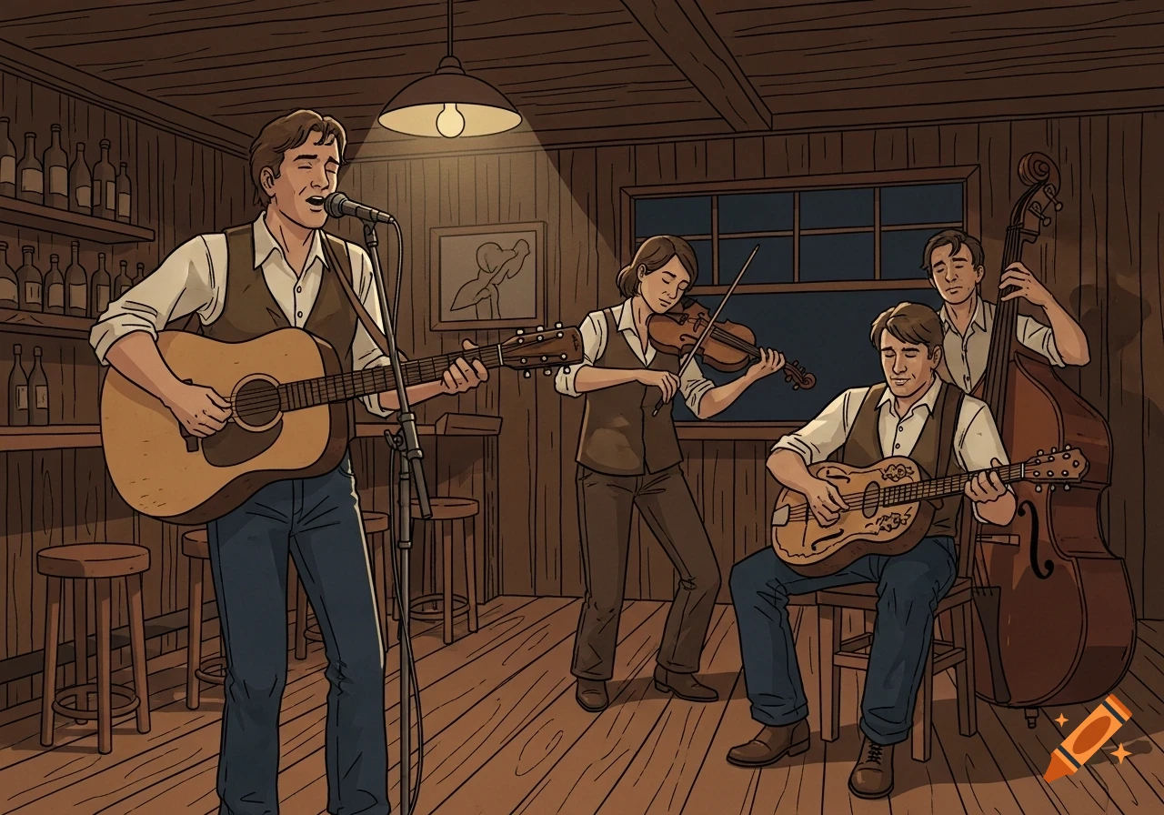 A bluegrass band plays in a dimly lit barroom, featuring a singer with a guitar, a fiddler, a dobro player, and an upright bassist, in an illustrative style.