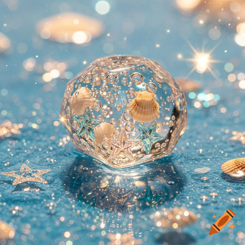 A sparkling clear resin treasure with tiny bubbles, seashells, and star-shaped gems on a glittery blue surface.