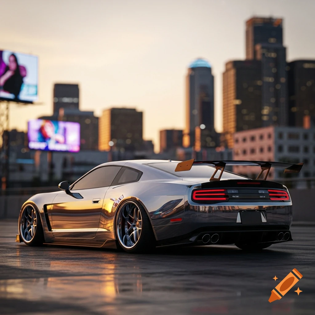 A sleek silver custom sports car with a large rear spoiler parked on a rooftop, with a city skyline at sunset in the background.