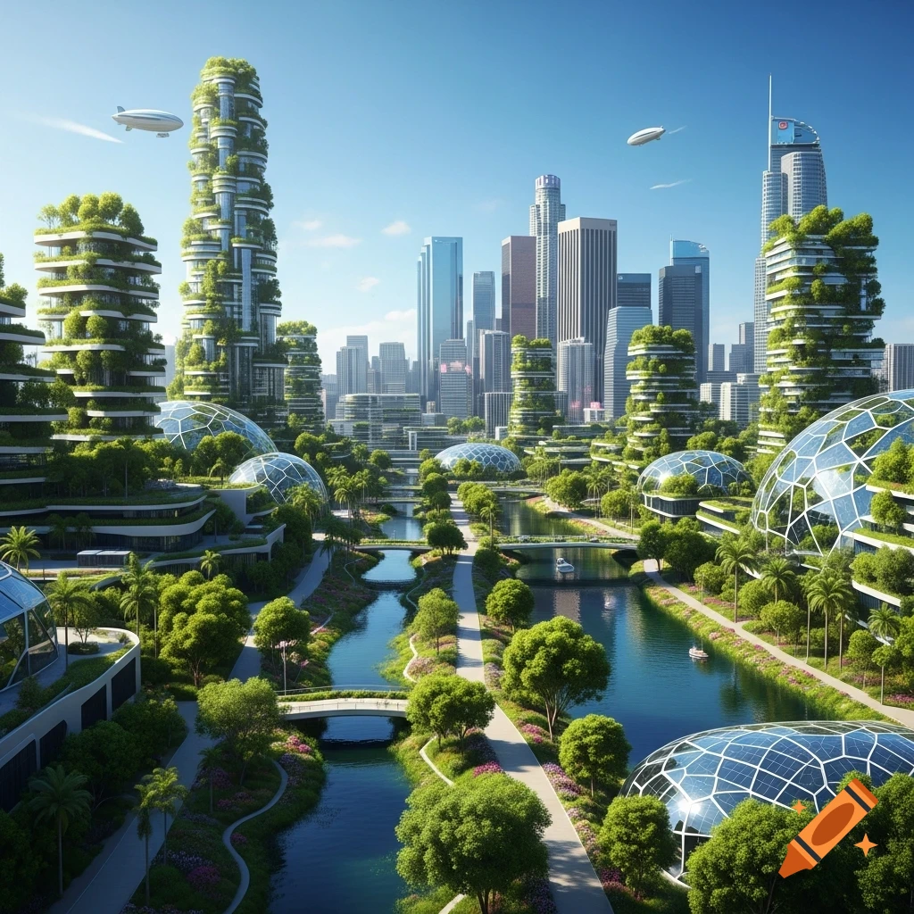 A sprawling futuristic city featuring lush green skyscrapers, winding rivers, glass domes, and airships under a clear blue sky.