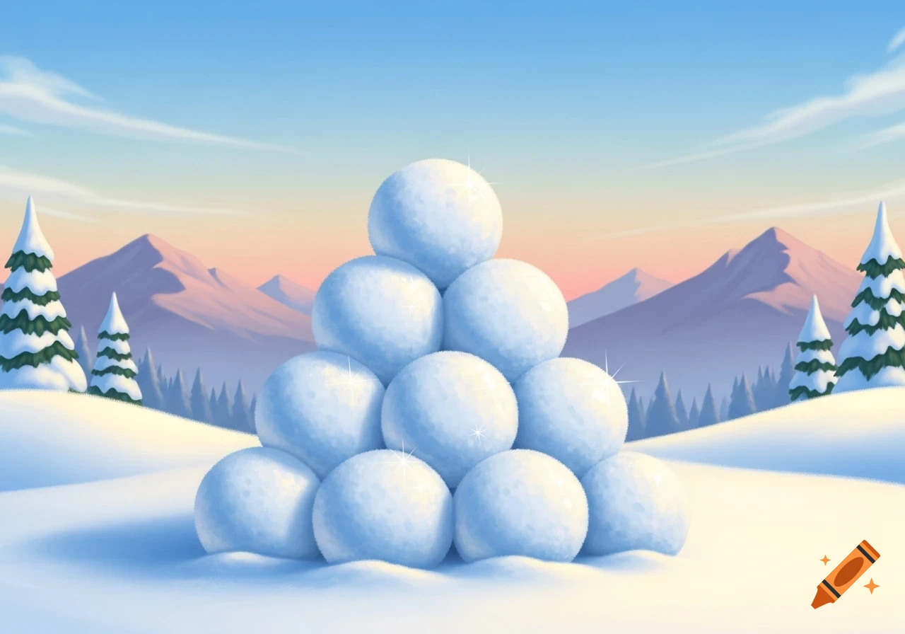 A stylized illustration of a pyramid-shaped pile of snowballs in a snowy winter landscape with distant mountains and evergreen trees.
