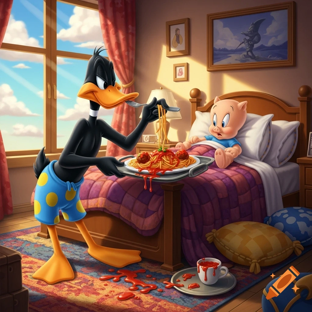 Daffy Duck in blue polka dot swim trunks feeds spaghetti and meatballs from a tray to Porky Pig, who is in bed. Some sauce has spilled on the rug.