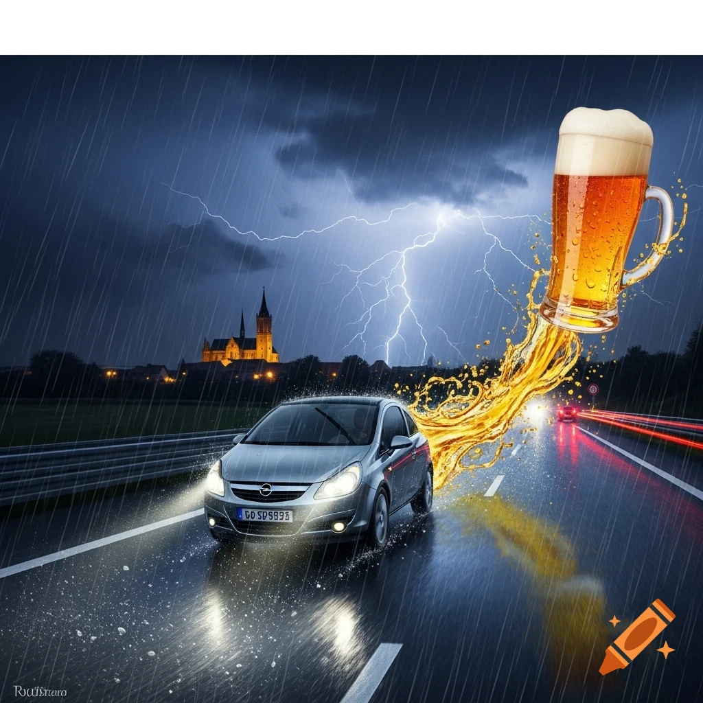 A silver Opel Corsa drives on a wet road during a thunderstorm, with a giant beer mug splashing beer from its rear. A church is visible in the background.