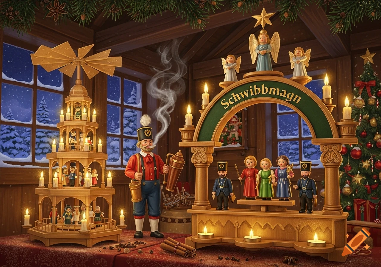 A traditional German Christmas scene with wooden Erzgebirge candle arch, pyramid, and incense smoker, lit by candles against a snowy window.