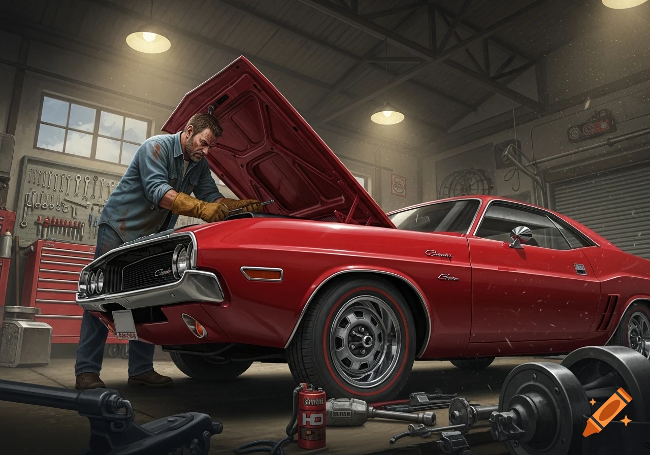 A man in a garage works on a red classic car, a Dodge Challenger, with its hood open, surrounded by tools.