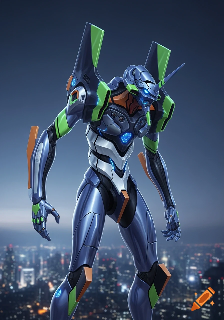Sleek blue, green, and orange mech suit with glowing blue accents standing against a blurred cityscape at dusk.