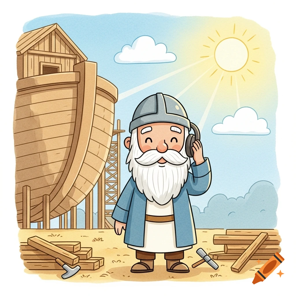 Watercolor cartoon of Noah, with a white beard, helmet, and headphones, smiling at an ark construction site under a sunny sky.