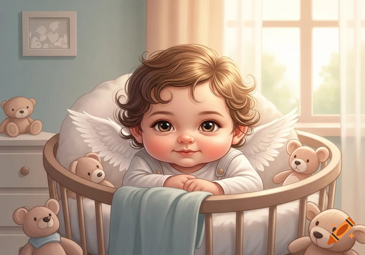 A cute, cartoon-style baby with brown curly hair and small white angel wings smiles from a wooden crib, surrounded by teddy bears.