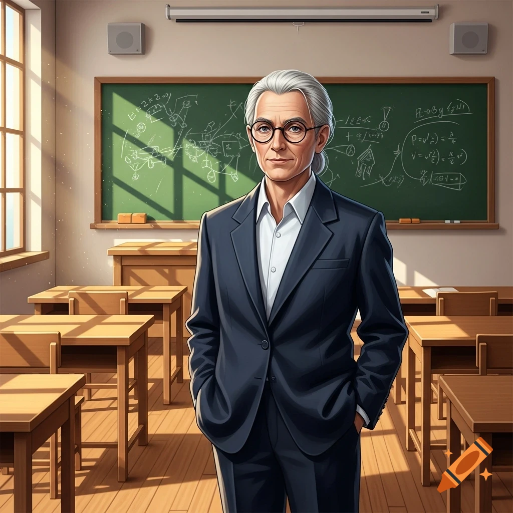 A gray-haired male teacher in a suit and glasses stands in a sunlit classroom with a chalkboard and student desks.