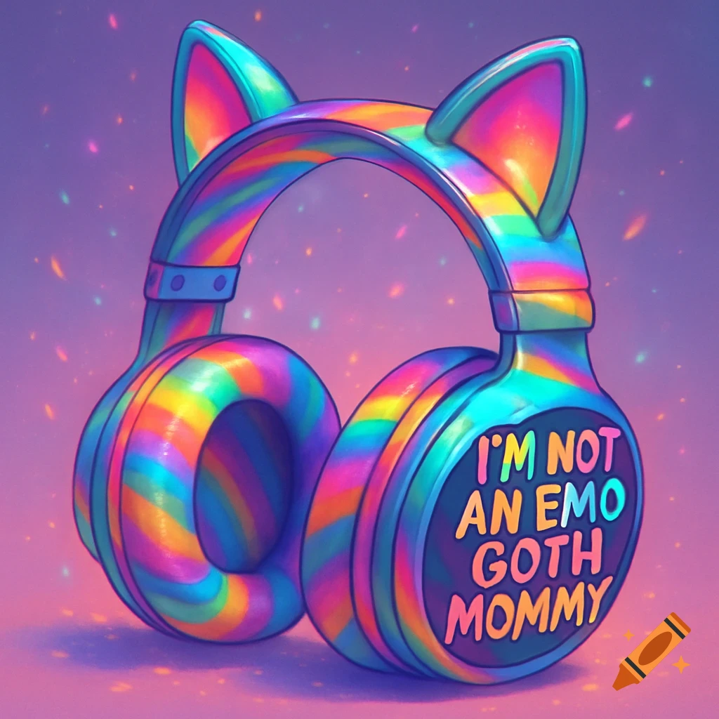 Rainbow-striped headphones with cat ears and the text "I'M NOT AN EMO GOTH MOMMY" on the ear cup, against a gradient background.