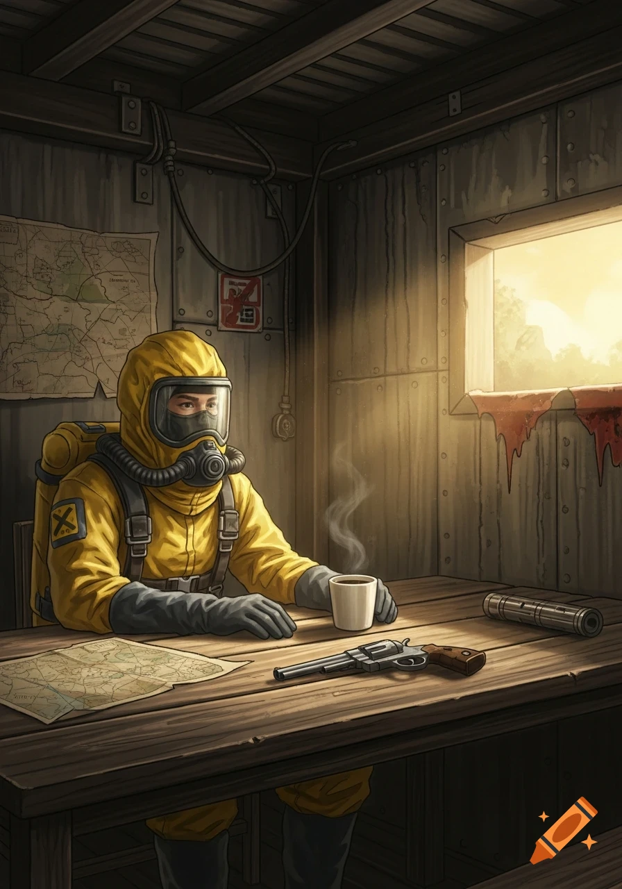 A person in a yellow hazmat suit sits at a wooden table in a bunker, drinking coffee. A revolver and a map are on the table, with sunlight streaming through a window that has a red, dripping substance on the sill.