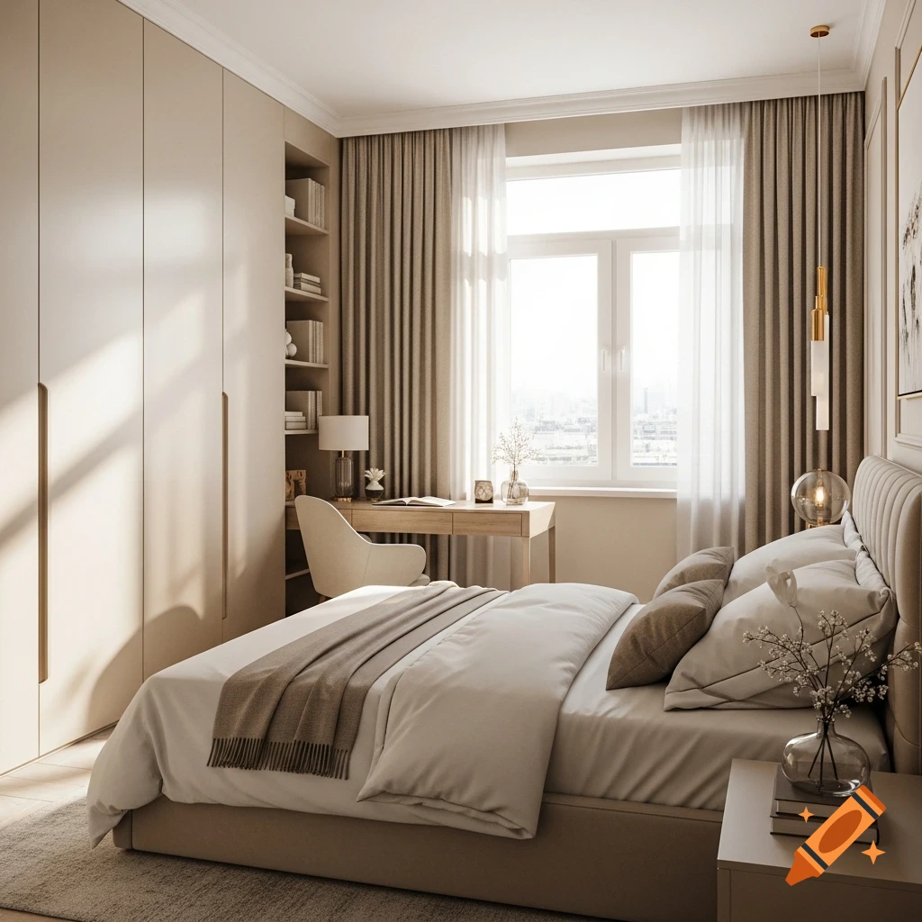 Photorealistic modern bedroom in beige tones with a large bed, wardrobe, desk, chair, and a bright window.