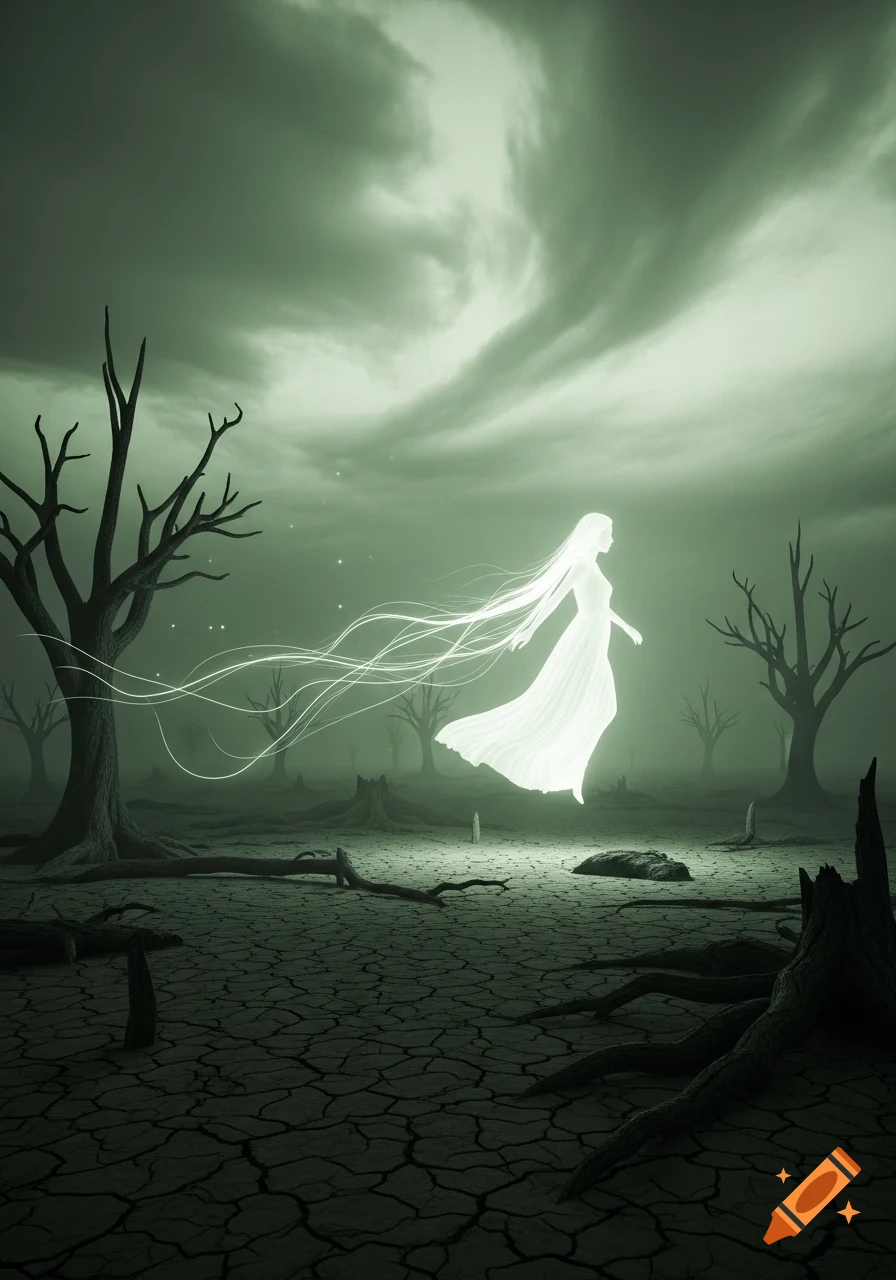 A glowing white spirit floats above a cracked, desiccated landscape with bare, dead trees under a pale green, cloudy night sky.