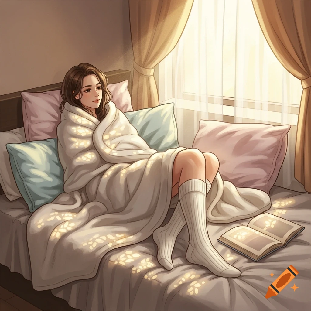 An anime illustration of a woman wrapped in a blanket on a bed, wearing long white socks, by a sunny window.