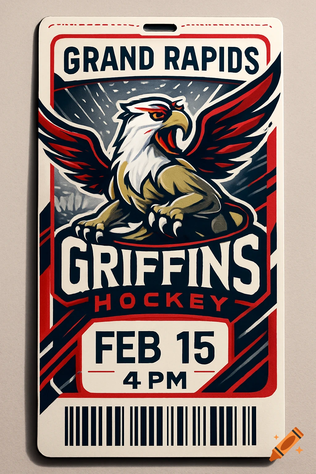 A red, white, and blue hockey ticket for Grand Rapids Griffins on Feb 15 at 4 PM, featuring a fierce griffon logo.