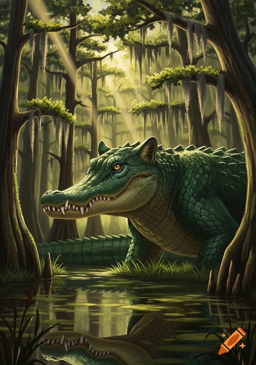 A stylized illustration of a green alligator-panther hybrid creature crouching in a sunlit swamp with Spanish moss-draped trees.