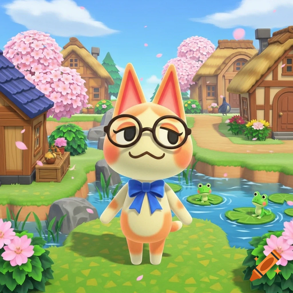 An Animal Crossing cat character with glasses and a blue bow tie stands in a vibrant village with cherry blossoms, a river, and frogs.