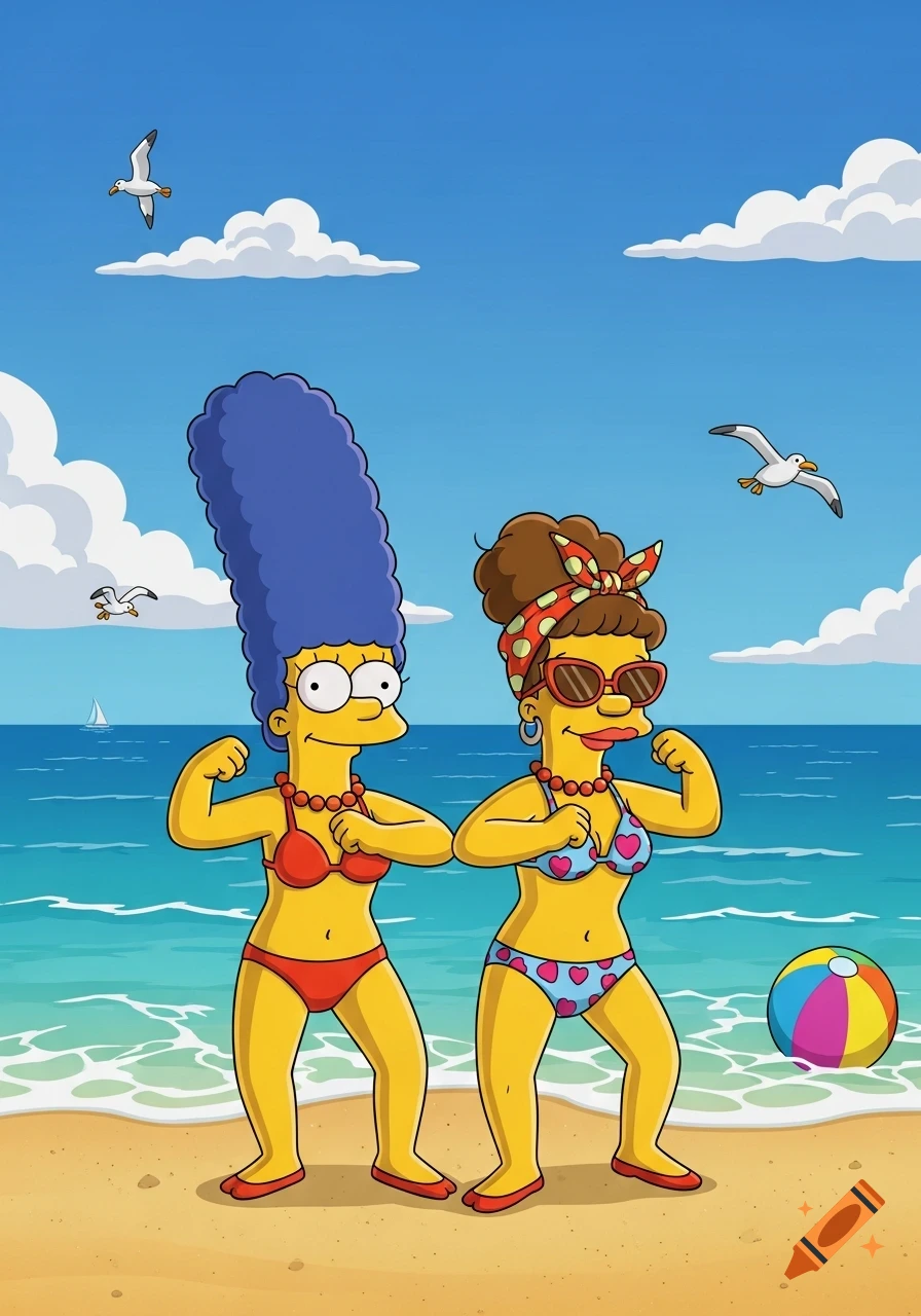 Marge Simpson and her mother, Jackie Bouvier, flex their muscles in bikinis on a sandy beach with the ocean and gulls.