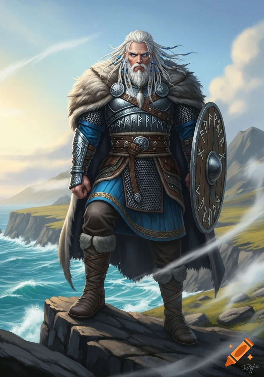 White-haired Viking warrior with a beard, blue beads, fur armor, and a runic shield stands on a cliff by a stormy sea.