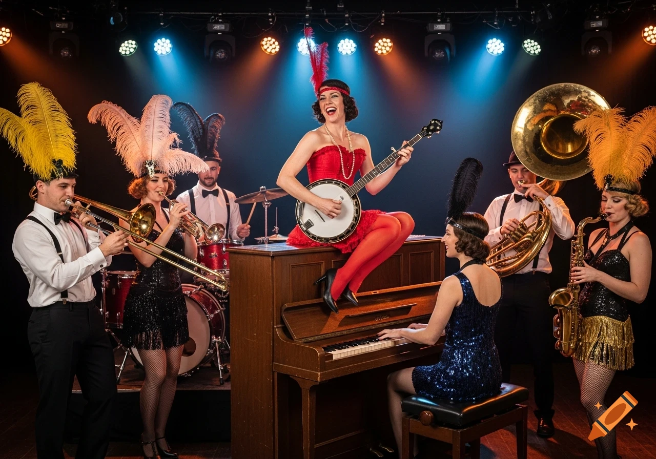 A lively 1920s-style band performing on stage, with a woman on a piano playing banjo, surrounded by musicians with brass instruments, drums, and saxophone.