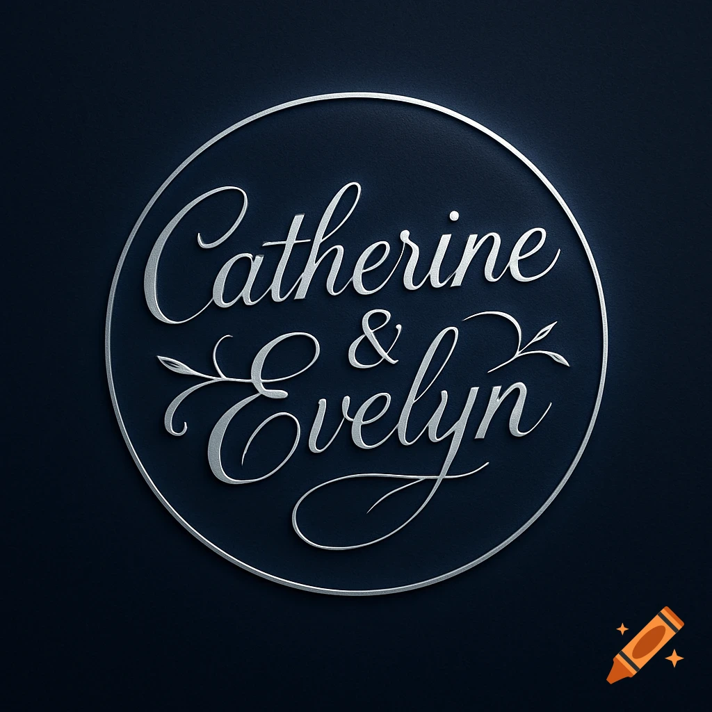 Elegant silver logo with 'Catherine & Evelyn' in script, encircled on a dark blue background.