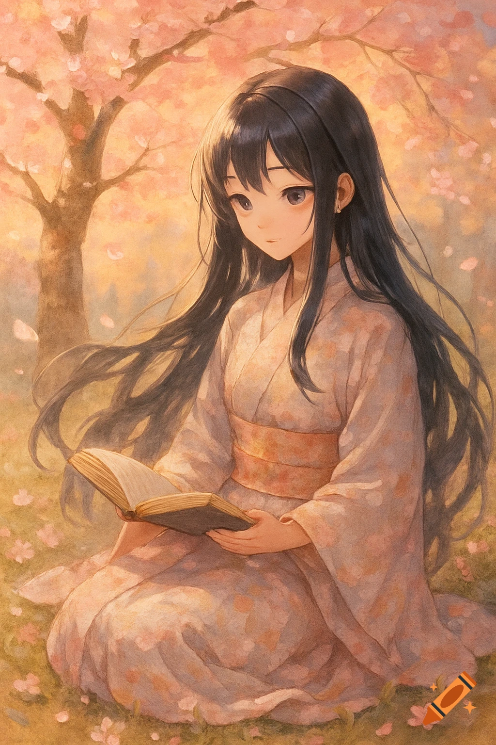 Anime girl with long black hair sits under a cherry blossom tree, reading a book in a field of flowers.