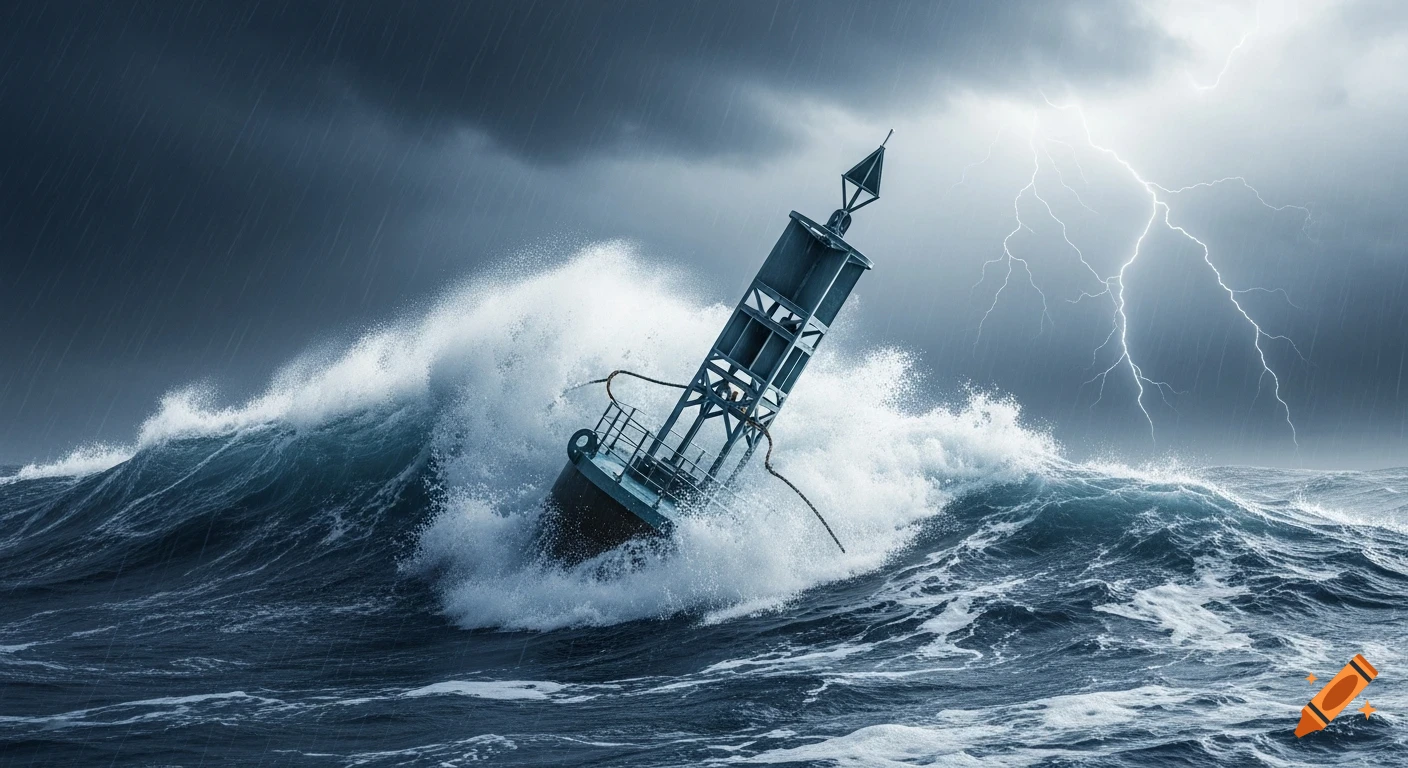 A lone buoy in a stormy sea with huge waves, heavy rain, and lightning striking the dark sky. Photorealistic and dramatic.
