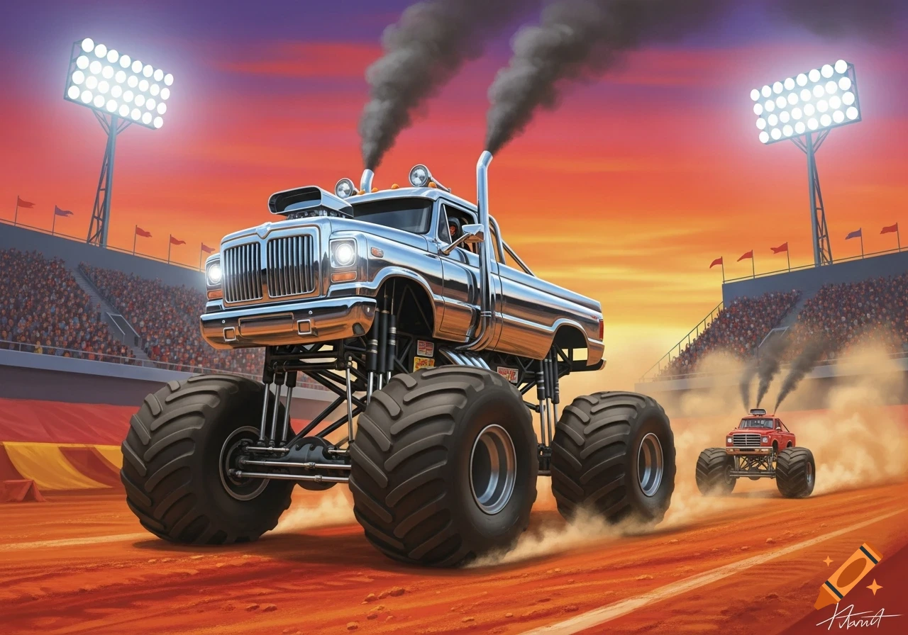 A stylized illustration of a large chrome monster truck spewing smoke, racing on a dirt track in a stadium at sunset, with another truck in the background.
