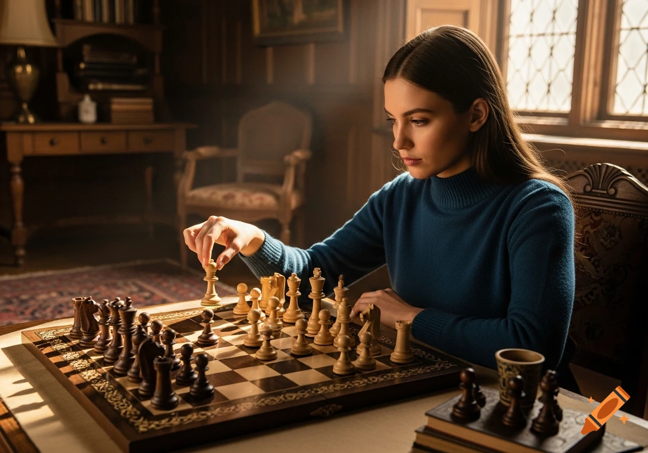A young woman in a blue sweater thoughtfully moves a white chess piece on a wooden board in a dimly lit, traditional room.