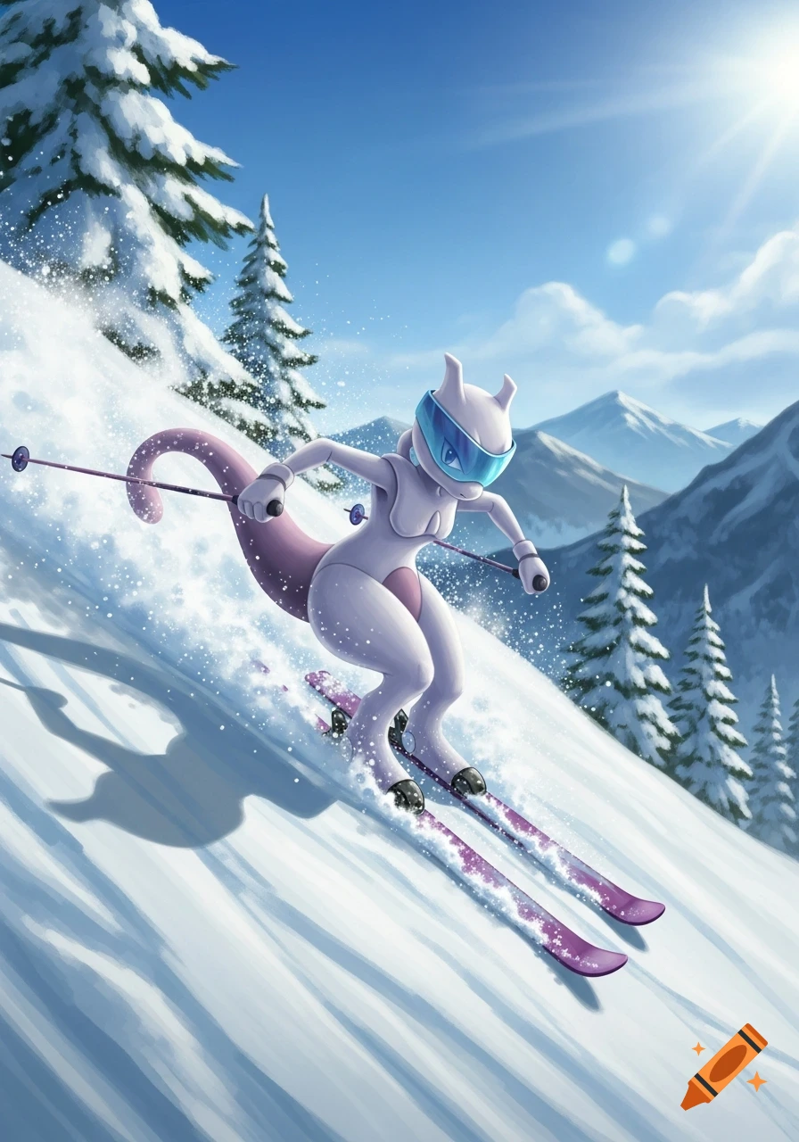 Mewtwo in skiing gear with a visor and winter gloves skiing down a steep, snowy mountain slope, digital art.