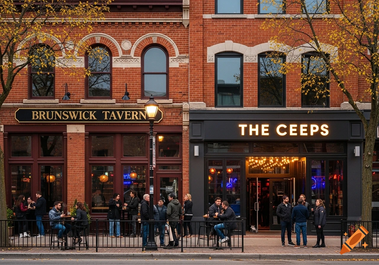 A bustling street scene featuring two brick buildings, Brunswick Tavern and The Ceeps, with people outside on an autumn day.