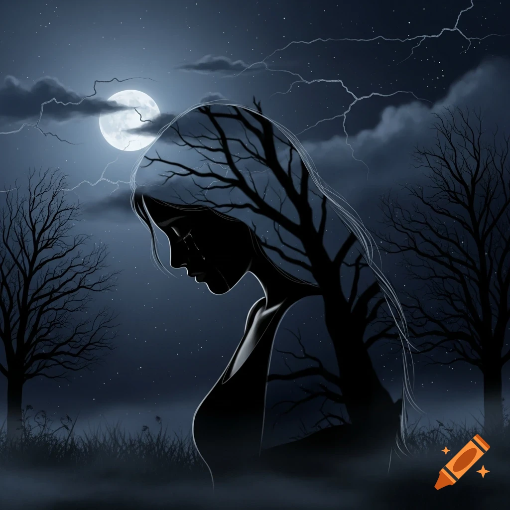 Stylized silhouette of a crying woman with bare trees in her form, under a full moon and stormy night with lightning.