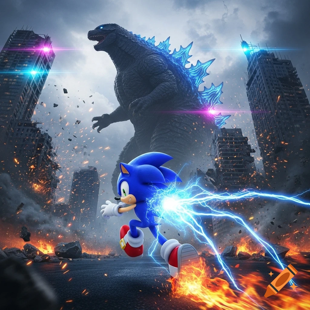 Sonic the Hedgehog runs with blue lightning amidst a destroyed city, with Godzilla looming large in the background.
