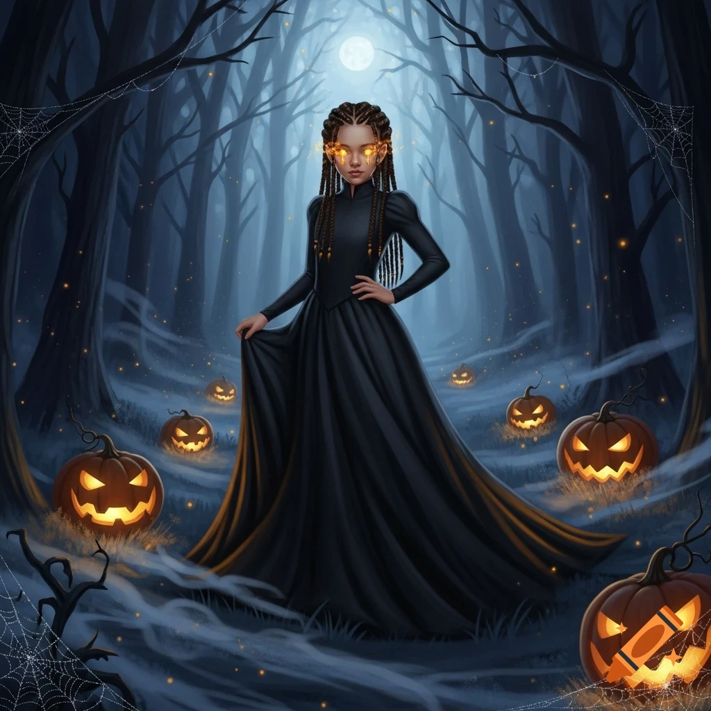 An illustrated girl with glowing eyes and braids in a dark dress stands in a spooky forest with jack-o'-lanterns under a full moon.