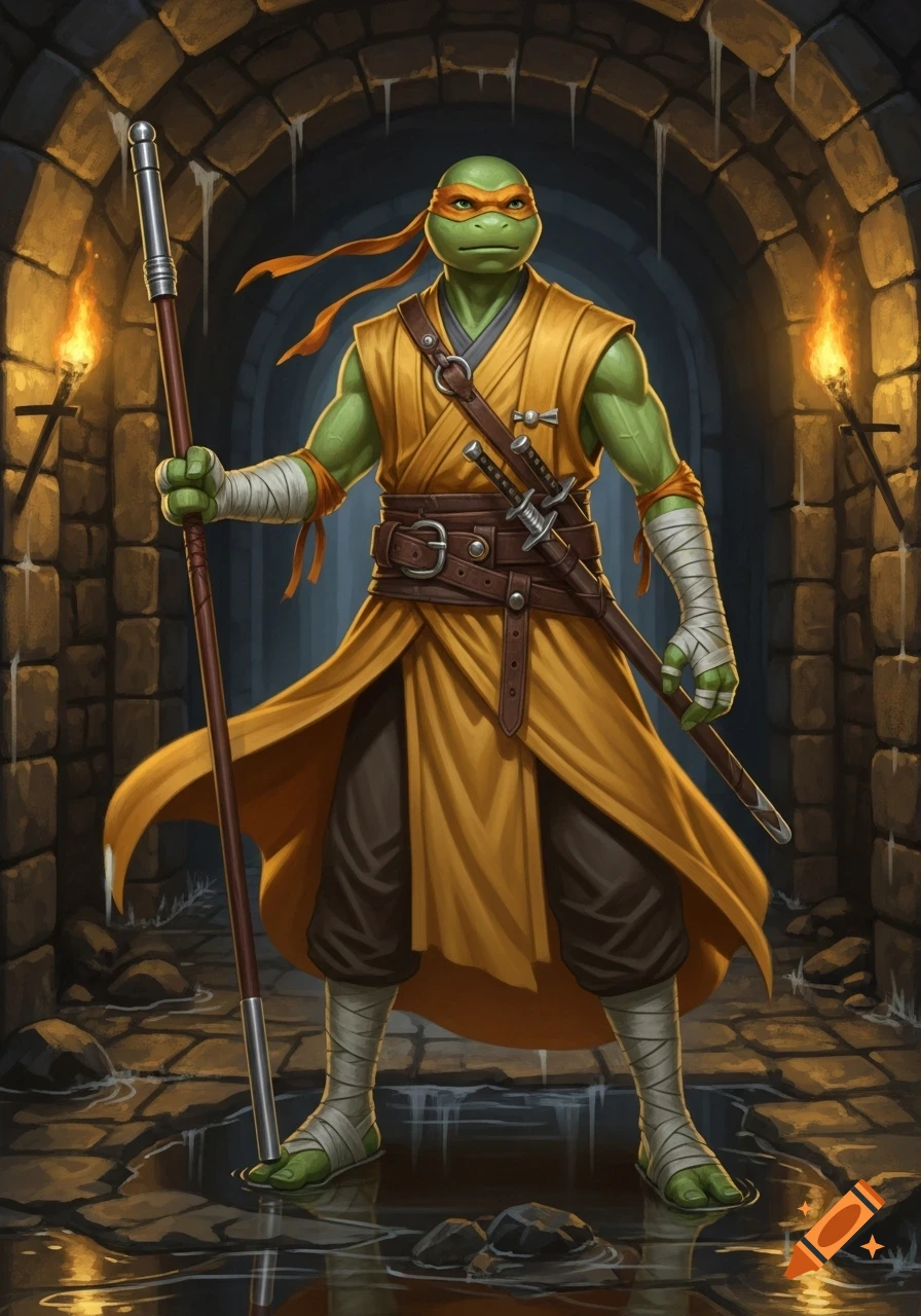 A green-skinned, anthropomorphic turtle dressed as a D&D monk holds a staff in a torchlit stone sewer.